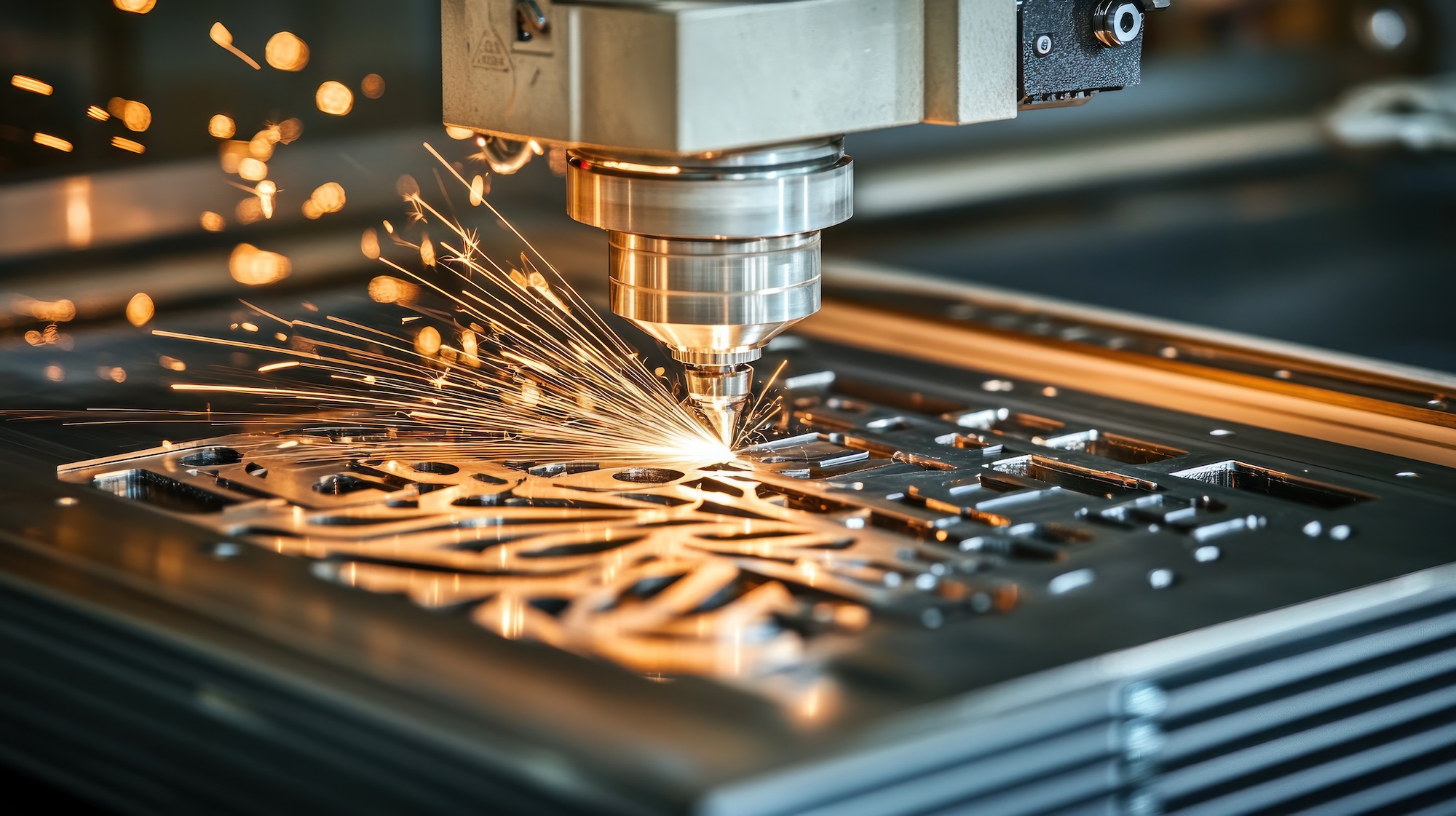 A detailed view of a CNC machine in operation, cutting a complex design into a metal block